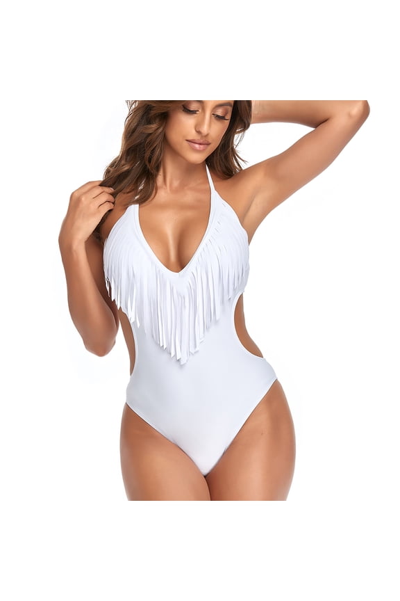 Women's Trendy Deep V Neck One Piece Swimsuit Cutout Fringe High Waisted Bathing Suit Monokini Swimwear Black White L
