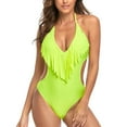 thumbnail image 1 of Women's Trendy Deep V Neck One Piece Swimsuit Cutout Fringe High Waisted Bathing Suit Monokini Swimwear Black Yellow XL, 1 of 8