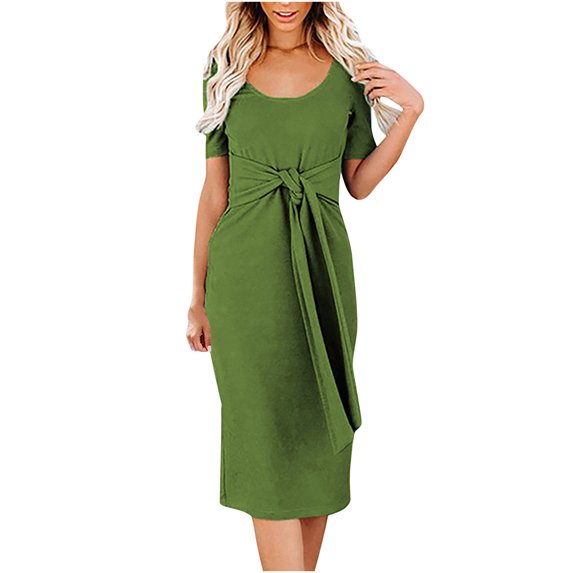 Women's Trendy Dress Basic Crewneck T Shirt Dress Casual Belted Office Dress Solid Color Short Sleeve Party Slim Dress