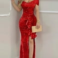 thumbnail image 1 of Women's Trendy Elegant Dress One Shoulder Solid Color Ruffle Slit Party Glitter Long Dress Valentine's Day Gifts, 1 of 7