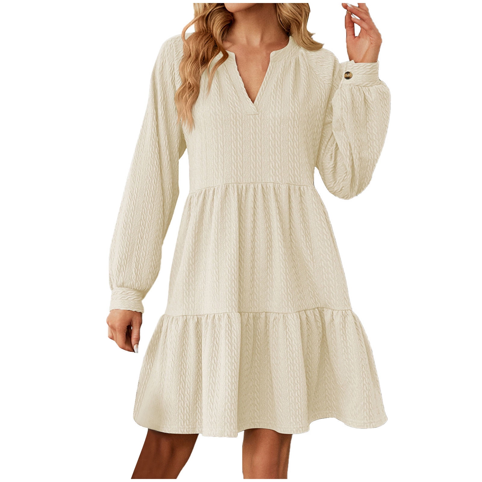 JSKUMAR Women's Trendy Fall Winter Long Sleeve Dress V Neck Tiered Flowy Knee Length Solid Mini Dress 2026 Beige,S, Size: Small JSKUMAR Women's Trendy Fall Winter Long Sleeve Dress V Neck Tiered Flowy Knee Length Solid Mini Dress 2026 Beige,S, Size: Small