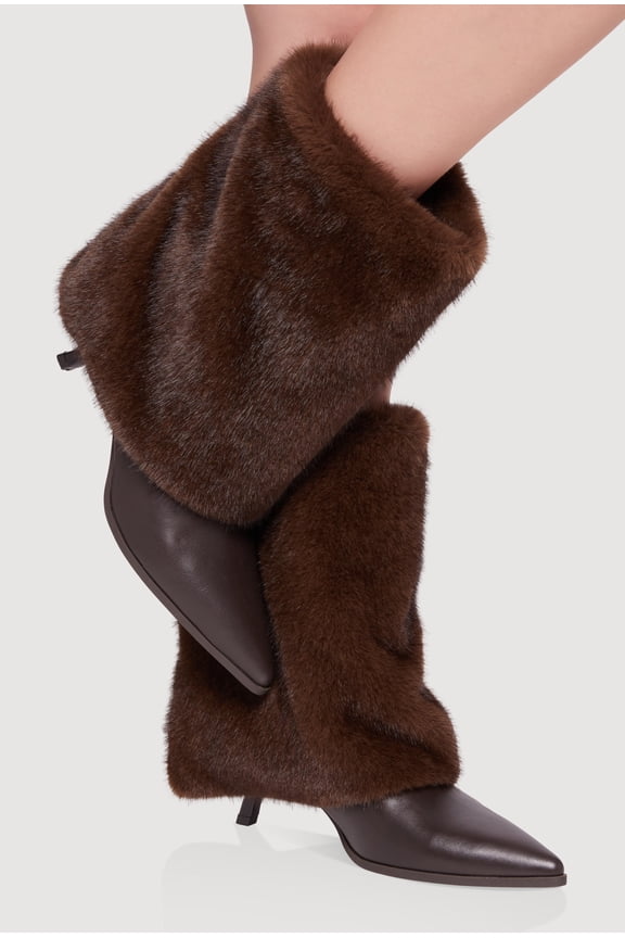 Women's Trendy Faux Fur Slanted Kitten Heel Pointed Toe Booties