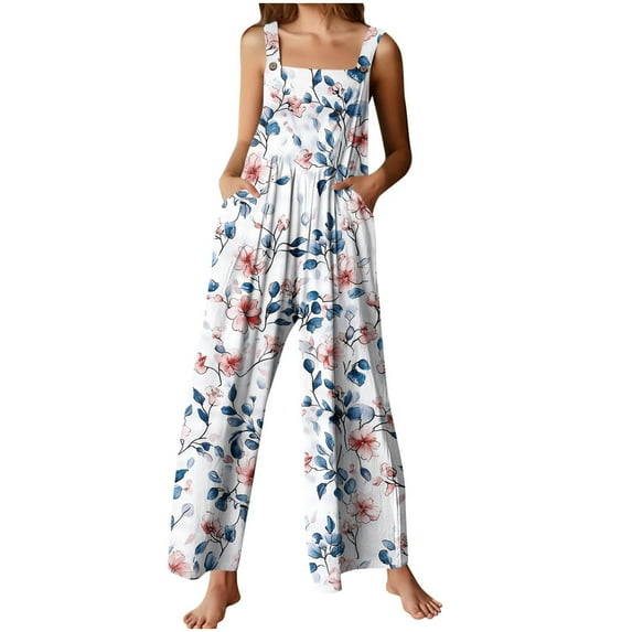 Women's Trendy Floarl Print Wide Leg Jumpsuits 2025 Casual Sleeveless Pants Rompers Beach Wear