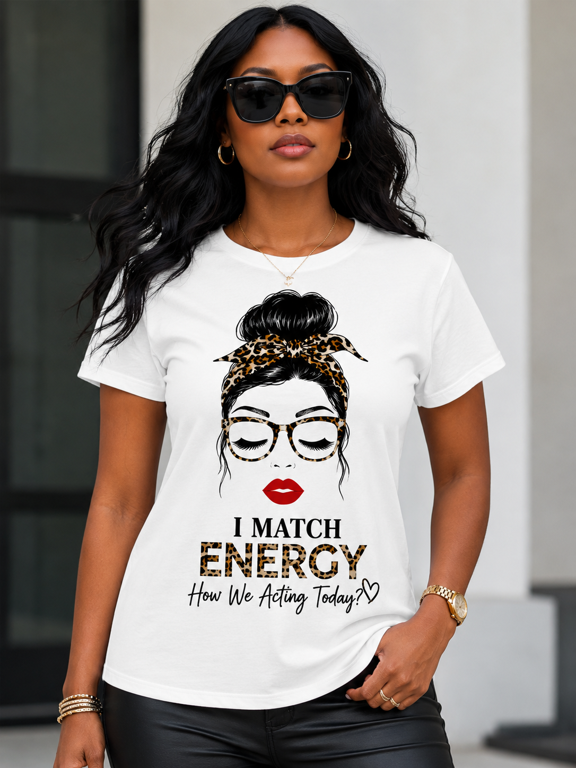 Women's Trendy Graphic Tee I Match Energy Printed Casual Short Sleeve Crewneck T-Shirt Summer Fashion Top