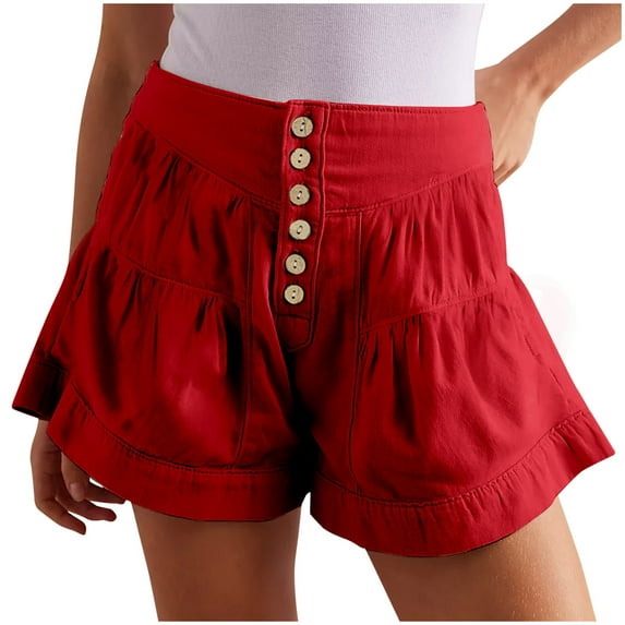 Women's Trendy High Waist Denim Shorts - Wide Leg Pleated & Ruffled Casual Jean Shorts, Baggy Flowy Summer Skorts with Button Details