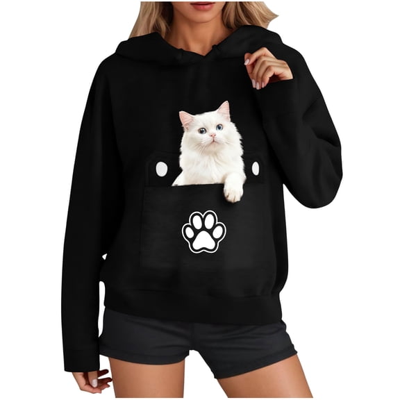 Women's Trendy Hoodies Pet Pouch Sweatshirt Pullover Long Sleeve Casual Loose Hooded Tops Gift for Dog Cat Lovers (2XL, Black)