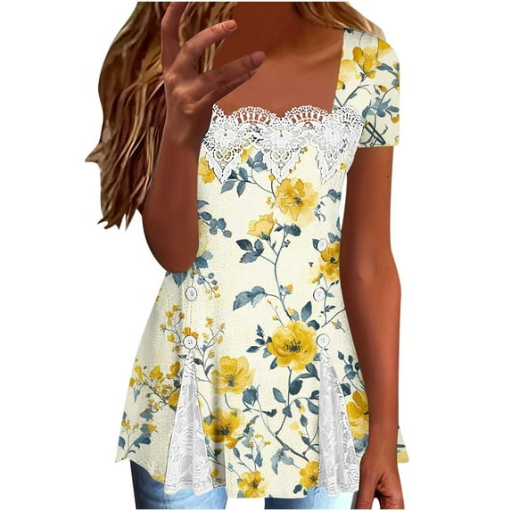 Women's Trendy Lace Splicing Summer Shirt 2025 Floral Print T-Shirts Short Sleeve Dressy Tops Square Neck Tunic Blouse Plus Size Shirts Costume