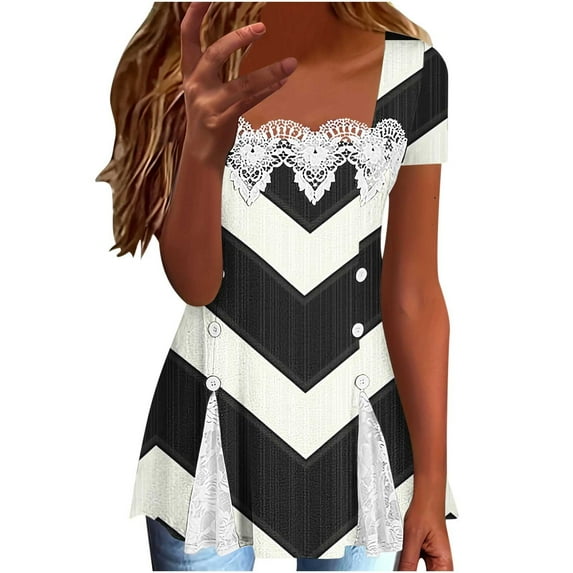 Women's Trendy Lace Splicing Summer Shirt 2025 Floral Print T-Shirts Short Sleeve Dressy Tops Square Neck Tunic Blouse Plus Size Shirts Costume