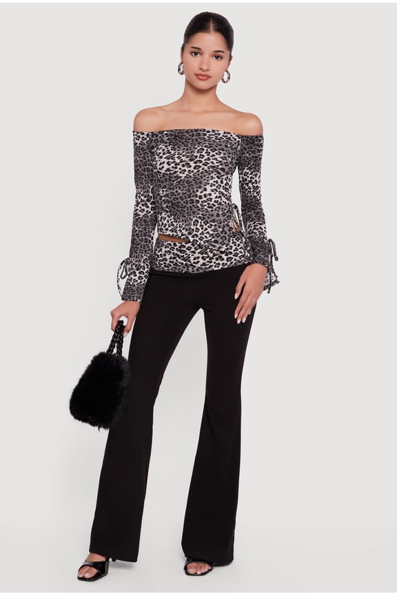Women's Trendy Leopard Print Fold Over Rib Knit Flare Leg Pants