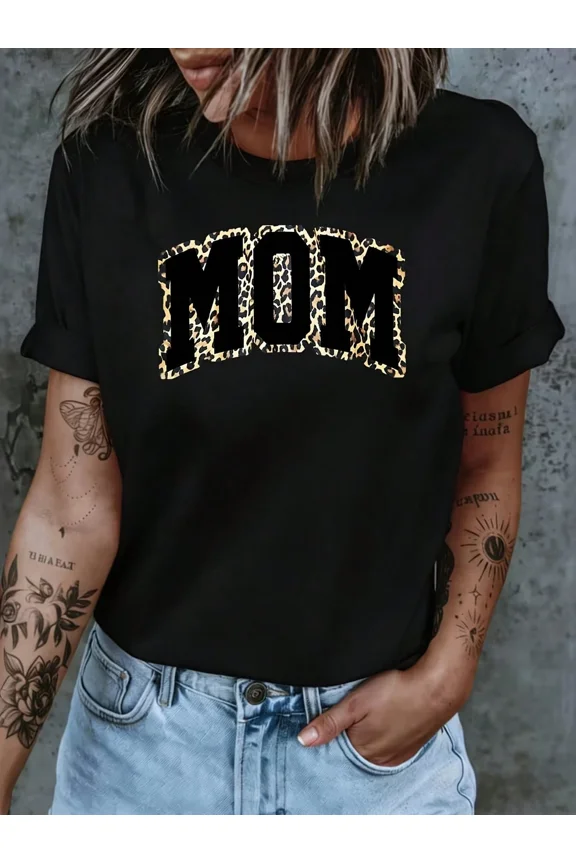 Women's Trendy Leopard Print MOM Graphic T-Shirt Casual Short Sleeve Mama Life Retro Cheetah Pattern Cotton Crewneck Tee Apparel Black