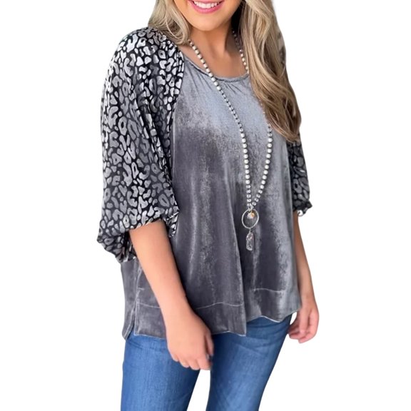 Women's Trendy Leopard Splicing Lantern Sleeve Velvet Blouse - [ZhiHiMeRi] | (US 12-14)L,Medium Grey