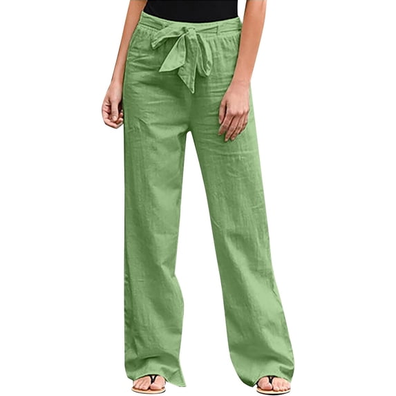 Women's Trendy Linen Pants Bow Knot Belted Elastic Waist Straight Leg Long Trousers Solid Color Loose Fit Lounge Yoga Pants