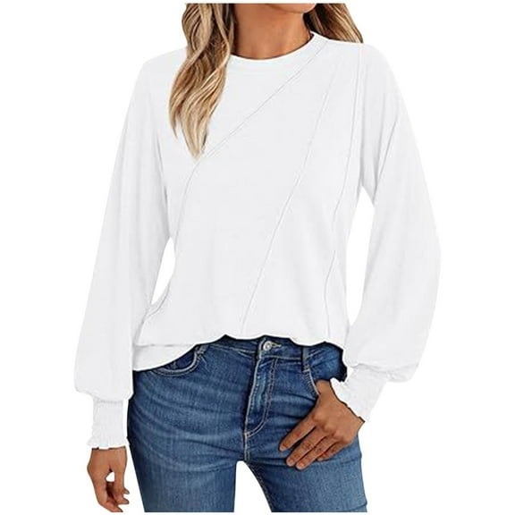 Women's Trendy Long Sleeve Tops with Pleats Solid Color Elastic Ruffled Cuffs Long Sleeve Casual T-shirts Loose (L, White)