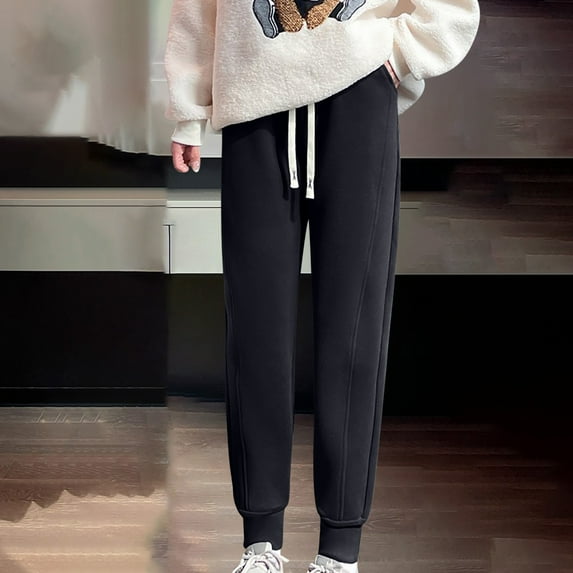 Women's Trendy Loose Sweatpants Fleece Thicken Trousers Winter Thermal Drawstring Slim Fit Jogging Pants (XXL, Black)