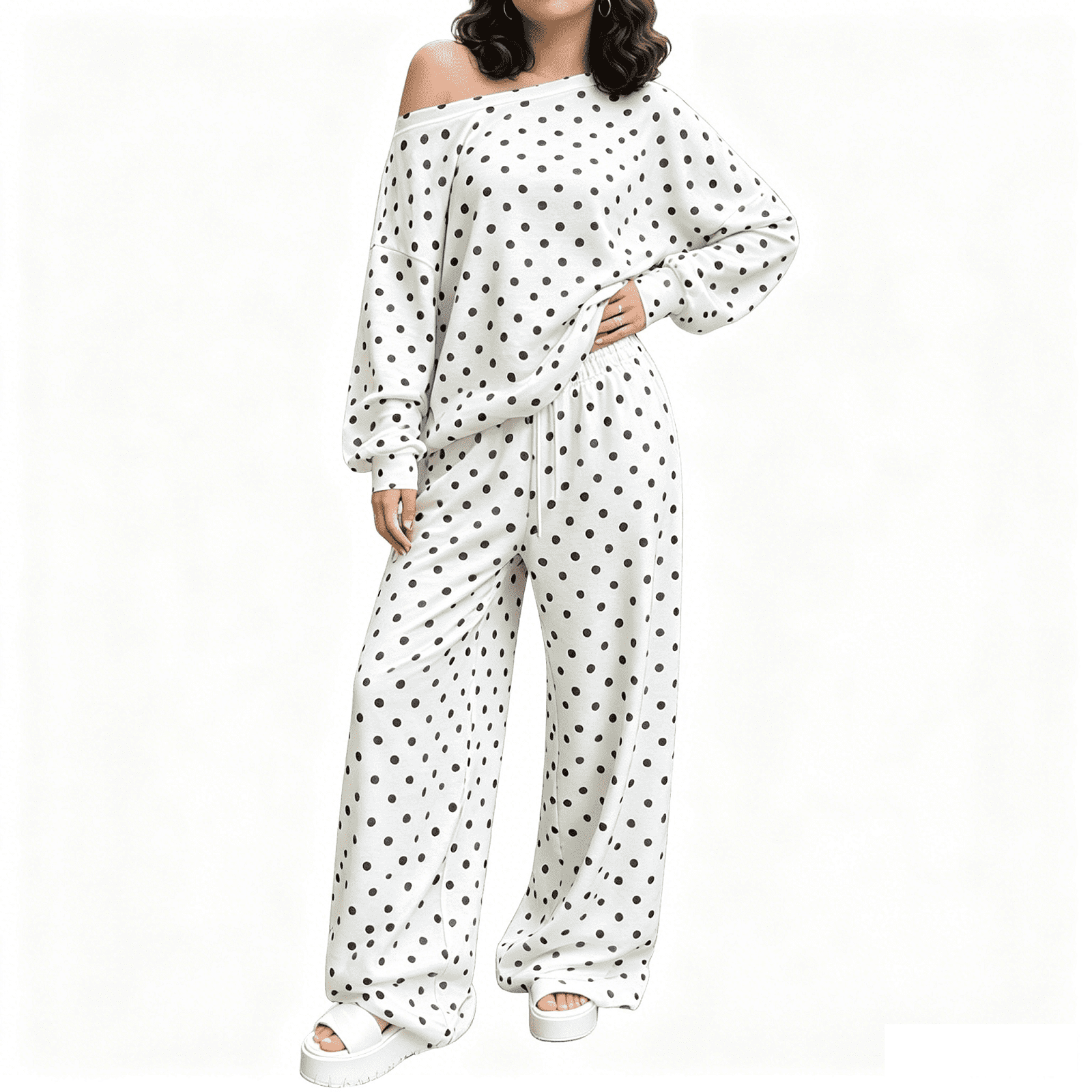 Women's Trendy Polka Dot Sweat Set 2 Piece Off Shoulder Long Sleeve Shirts Wide Leg Pants Oversized Elegant Sweatshirt with Sweatpants Fall Winter Office Travel Outfit, White S