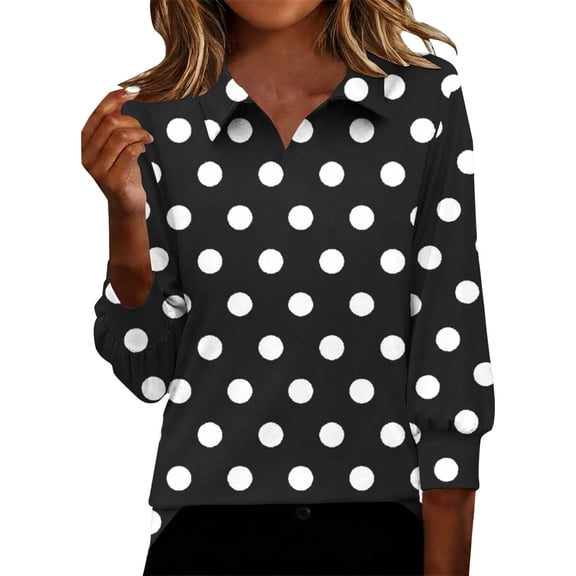 Women's Trendy Polka Dots Lapel Shirts Casual Long Sleeve Pullover Tunic Tops Dressy Loose Going Out Blouse