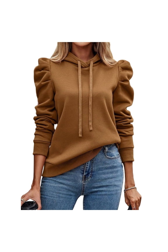 Women's Trendy Puff Long Sleeve Drawstring Hoodies Trendy Fall Winter Casual Pullover Sweatshirts for Women Dark Brown M