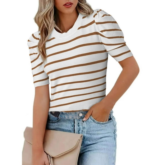 Women's Trendy Puff Sleeve Knit Top - Casual Tee Shirt Blouse
