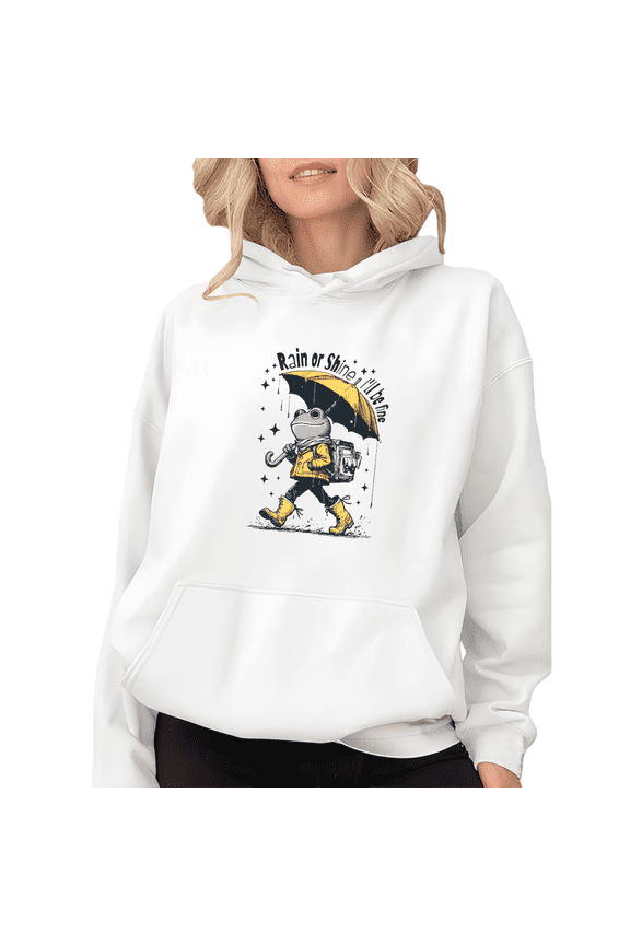 Women's Trendy Retro Rainy Day Frog "Rain Or Shine I'll Be Fine" Graphic Breathable Casual Hooded long-sleeved White S-2XL