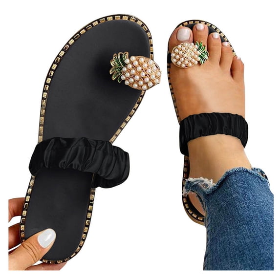 Women's Trendy Rhinestones Design Slides Sandals Summer Bohemia Flip Flops Flat Shoes Casual Thong Sandals Slip On