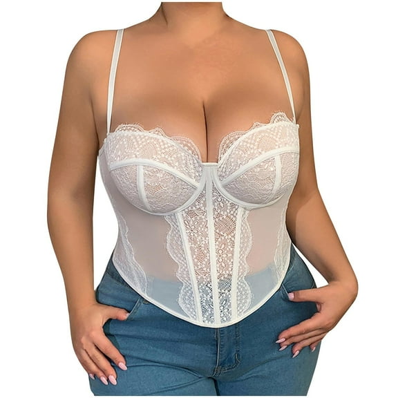 Women's Trendy Sexy Mesh Sheer Lace Spaghetti Strap Going Out Slimming Bustier Corset Bodysuit With Built In Bra Plus Size XL-4XL