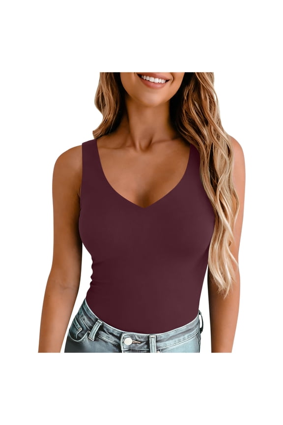 Women’s Trendy Sexy Plunge Deep V Neck Sleeveless V Backless Going Out Tank Bodysuits Tops