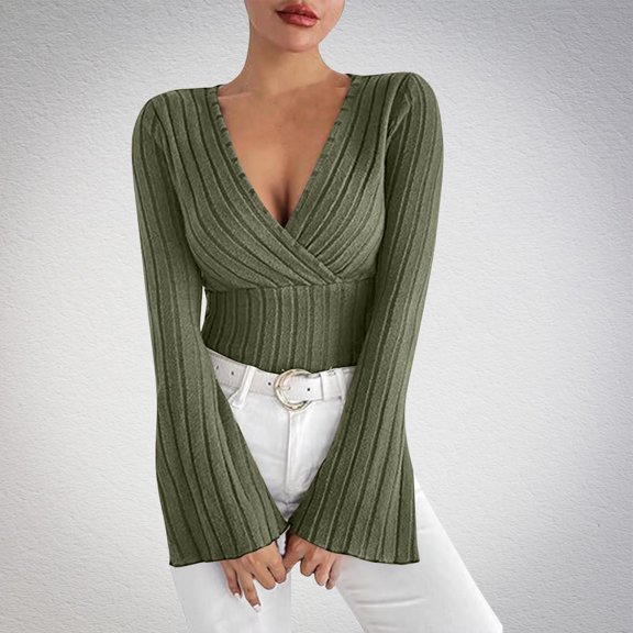 Women's Trendy Shirts Textured Wrap V Neck Top Ribbed Knit Sweater Bell Sleeved Shirt Olive Green XS