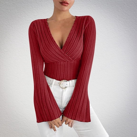 Women's Trendy Shirts Textured Wrap V Neck Top Ribbed Knit Sweater Bell Sleeved Shirt Wine M