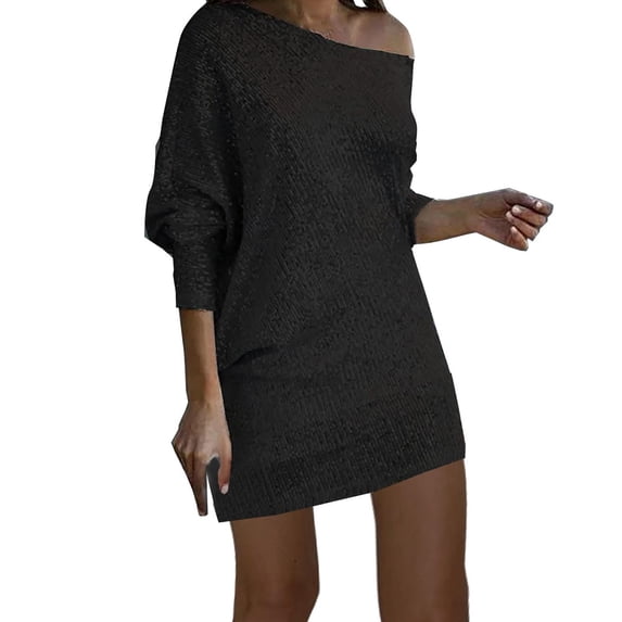 Women's Trendy Short Dress with Glittering sequins and Asymmetrical Off Shoulder Long Sleeve for Party Enthusiasts