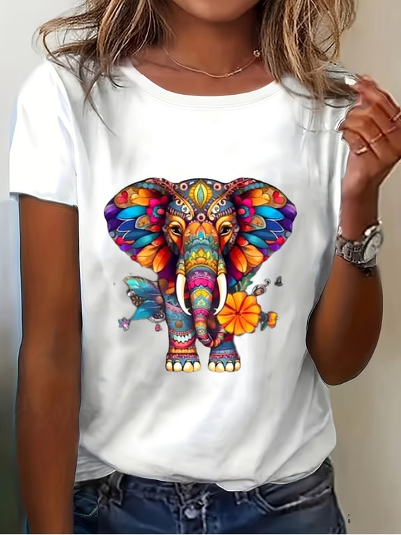 Women's Trendy Short‑Sleeve T‑Shirt with Summer Elephant Print