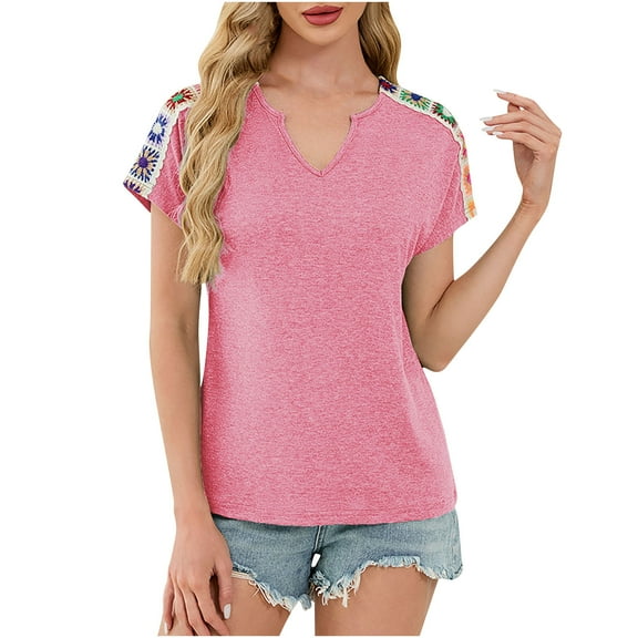 Women's Trendy Short Sleeve T-Shirts Flowers Embroidered Boho Tops V Neck Casual Summer Tees Tshirts (M, Pink)