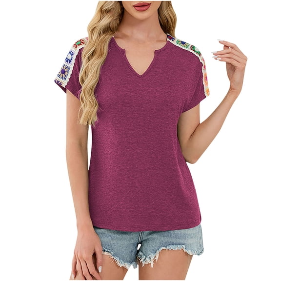 Women's Trendy Short Sleeve T-Shirts Flowers Embroidered Boho Tops V Neck Casual Summer Tees Tshirts (M, Purple)