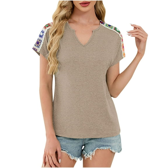Women's Trendy Short Sleeve T-Shirts Flowers Embroidered Boho Tops V Neck Casual Summer Tees Tshirts (S, Khaki)
