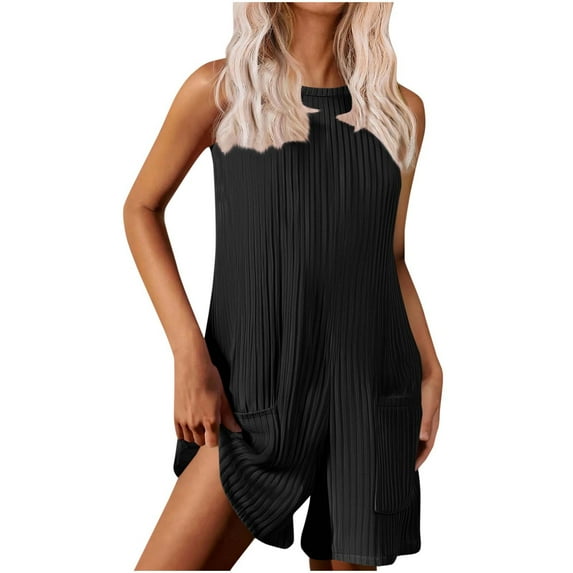 Women's Trendy Solid Color Loose Sleeveless Rombers with Pockets Wide Leg Ribbed Shorts Jumpsuit Overalls Athletic Jumpsuits for Women Black S