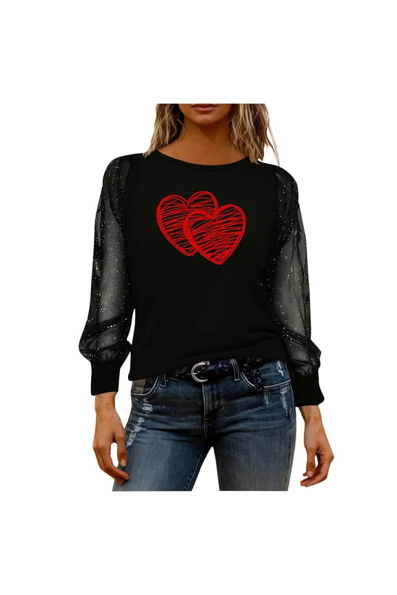 Women's Trendy Sparkly Shirts Sheer Mesh Long Sleeve Valentines Day Tops Sequin Glitter Loose Tunic Y2k Blouses, M Black