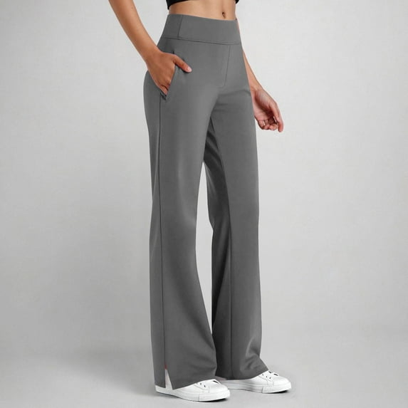 Women's Trendy Sport Casual Yoga Pants - Solid Color Elastic Waist Side Pockets, Side Slit Fitted Full Length Gym Pants Dark Gray XL