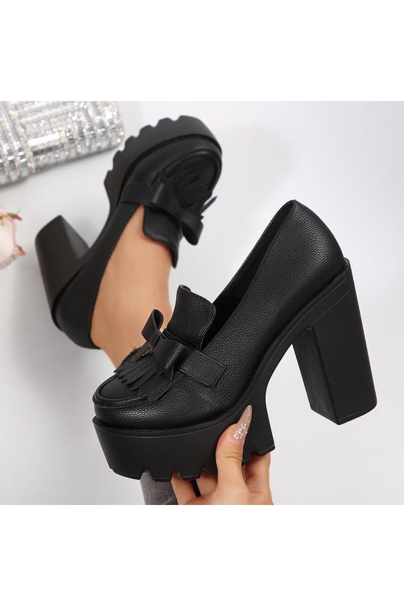 Women's Trendy Square Toe PU Leather Slip On Chunky Heel Loafers Closed Toe Patchwork Platform High Heel Office Pumps Shoes Black Women Sandal