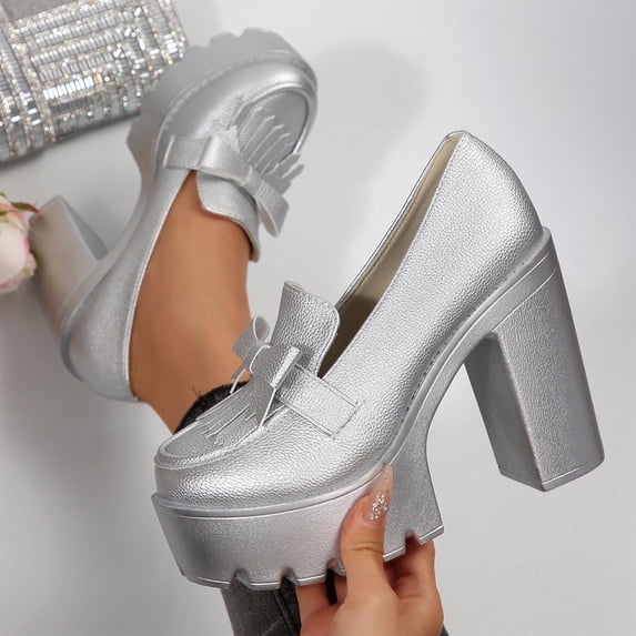 Women's Trendy Square Toe PU Leather Slip On Chunky Heel Loafers Closed Toe Patchwork Platform High Heel Office Pumps Shoes Silver Women Sandal