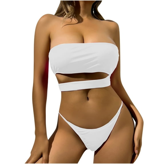 Black and Friday Women's Trendy Strapless Cutout High Waist Two Pieces Bikini Set Push Up Padded Swimwear Neon Pink Bathing Suit White M