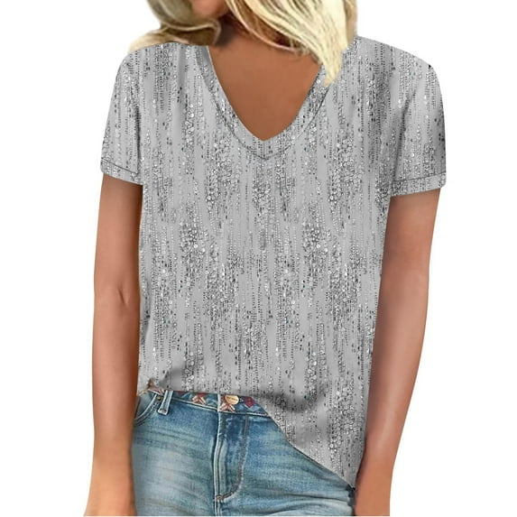 Women's Trendy Stripe Print T Shirts V Neck Short Sleeve Tops Loose Fit Work Clothes Casual Dressy Blouses