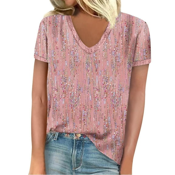 Women's Trendy Stripe Print T Shirts V Neck Short Sleeve Tops Loose Fit Work Clothes Casual Dressy Blouses