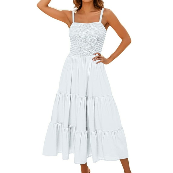 Women's Trendy Summer Maxi Dress Spaghetti Strap Smocked Tiered Ruffle Boho A Line Beach Casual Flowy Long Dresses