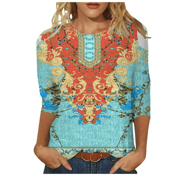 Women's Trendy Summer Tops Floral Letter Gradient Print Heart Dressy Tops 3/4 Sleeve Crew Neck Tshirts Flower Loose Casual Blouses Fashion Women Loose Blouse, S-2XL