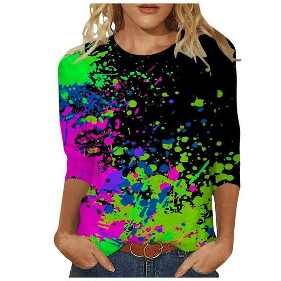 Women's Trendy Summer Tops Floral Letter Gradient Print Heart Dressy Tops 3/4 Sleeve Crew Neck Tshirts Flower Loose Casual Blouses Fashion Women Loose Blouse, S-2XL