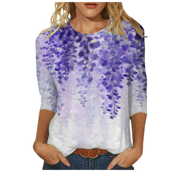 Women's Trendy Summer Tops Floral Letter Gradient Print Heart Dressy Tops 3/4 Sleeve Crew Neck Tshirts Flower Loose Casual Blouses Fashion Women Loose Blouse, S-2XL