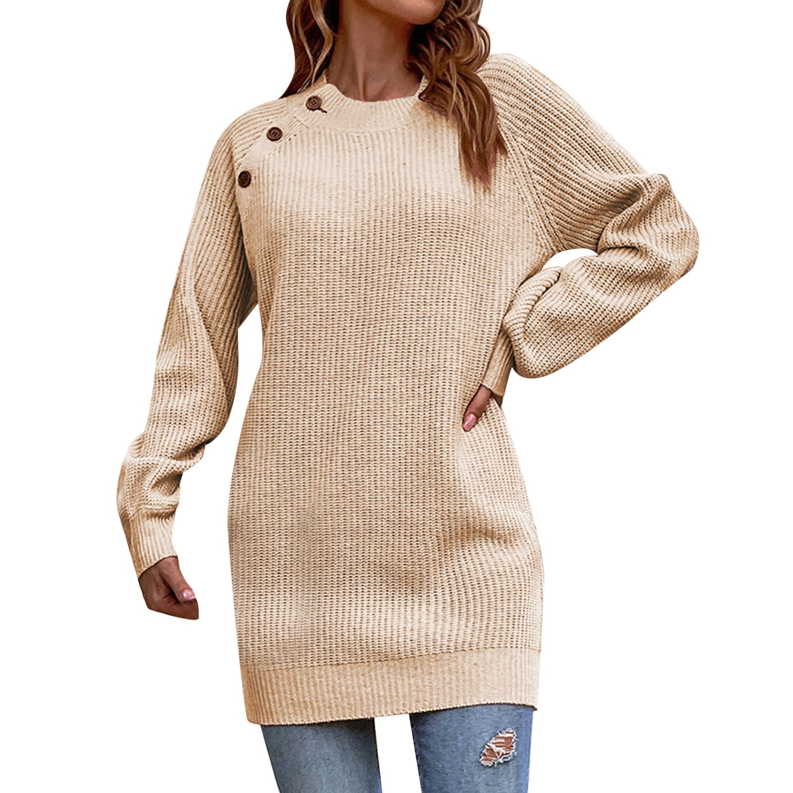 Fashionable Solid Cable-knit Turtleneck Casual Long Sweater Dress for Women  Women's Sweater Dress white S