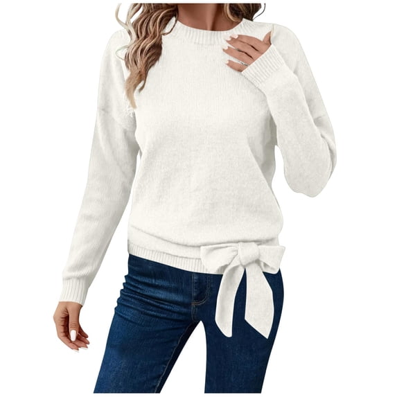 Women's Trendy Sweaters with Bowknot Drop Shoulder Long Sleeve Knitted Soft Tops Solid Color Cute Knitwear Clothes (XL, White)