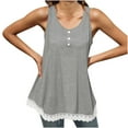 thumbnail image 1 of Women's Trendy Tank Tops Casual Loose Fit Sleeveless Round Neck Buttons T-Shirts Lace Patchwork Hem Summer 2025 Tees Gray,M, 1 of 7