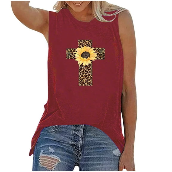 Women's Trendy Tank Tops Easter Outfits Leopard Sunflower Print Sleeveless Crew Neck Tees Shirts Loose Fit (M, Wine)