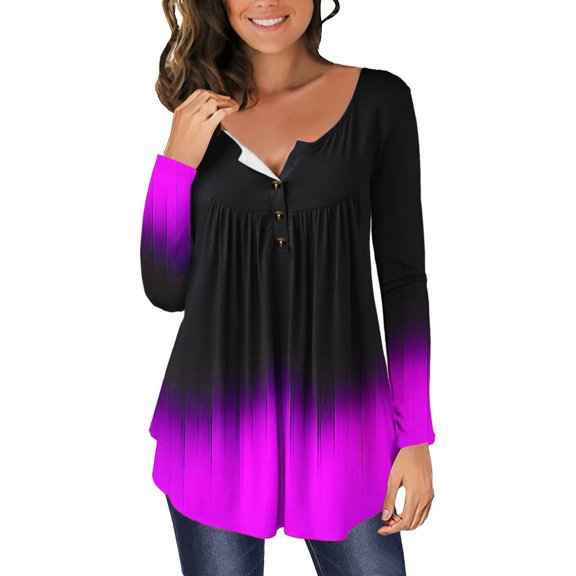 Women's Trendy Tunic Tops Crewneck Buttons Up Printed Long Sleeve Blouses Pleated Casual Loose Fit Flowy Tee Shirts
